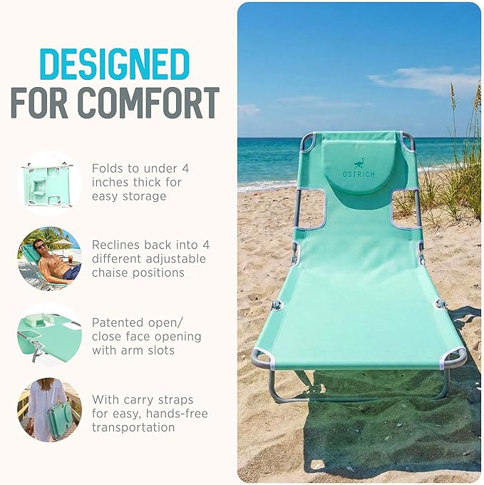 Ostrich 4-Position Outdoor Chaise Lounge w/Face Cushion & Arm Holes, Teal - Lightweight Folding Lounger w/Adjustable Reclining Backrest, Portable w/Carry Strap, 250 lb Weight Capacity OstrichProducts