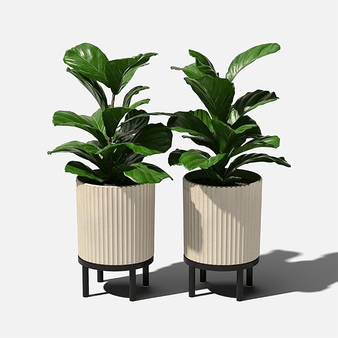 Veradek Demi Series Round Planter w/Stand for Porch/Patio | Durable Plastic-Stone Composite & Wooden Stand | Modern Décor for Tall Plants, Flowers VeradekOutdoor