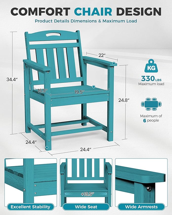 Ciokea HDPE Outdoor Patio Dining Chairs Set of 2, All-Weather Porch Chair with Wide Seat, Durable Outdoor Furniture for Backyard, Garden, Lawn & Poolside, Lake Blue CIOKEA