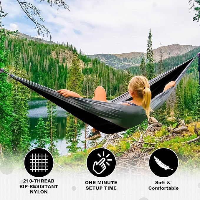 SZHLUX Camping Hammock Double & Single Portable Hammocks with 2 Tree Straps, Great for Hiking,Backpacking,Hunting,Outdoor,Beach,Camping,Black / Grey SZHLUX