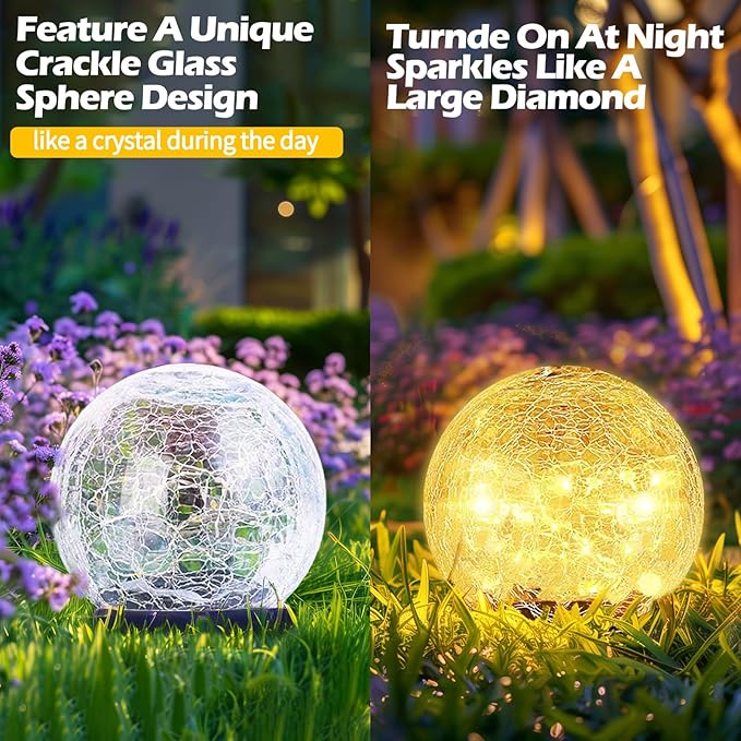 Coroor Garden Solar Ball Lights Outdoor Waterproof, 80 LED Cracked Glass Globe Solar Power Ground Lights for Path Yard Patio Lawn, Halloween Christmas Decoration Landscape Warm White(2 Pack 5.9'') Coroor