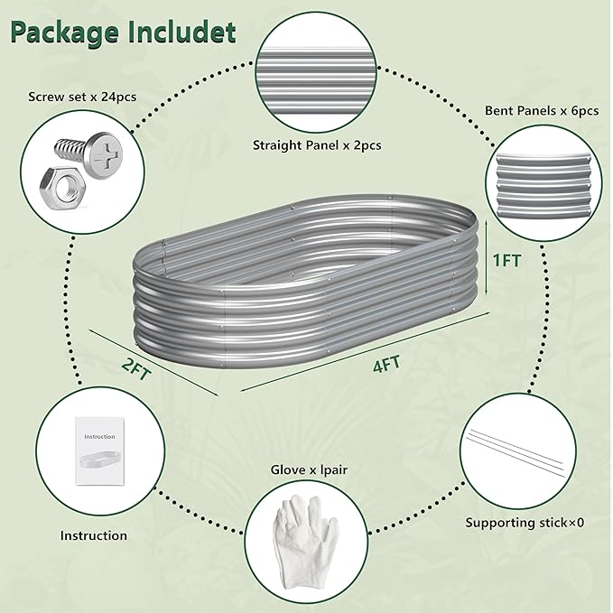 2PCS 4x2x1FT Galvanized Raised Garden Bed Kit,Vegetable Boxes-Oval Metal Flower Box,Large Planter Raised Beds Outdoor Garden for Planting,Fruit,Herb-Silver Yortrek