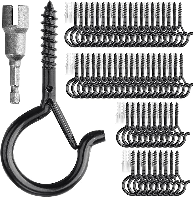 PlusRoc 60 Pack Ceiling Hooks for Hanging Plants Outdoor String Lights Heavy Duty, 2.2 Inch Eye Hook Screw in Cup Hooks Q-Hanger for Patio Lights, Wall Wood Fence Deck Mount(Black) PlusRoc