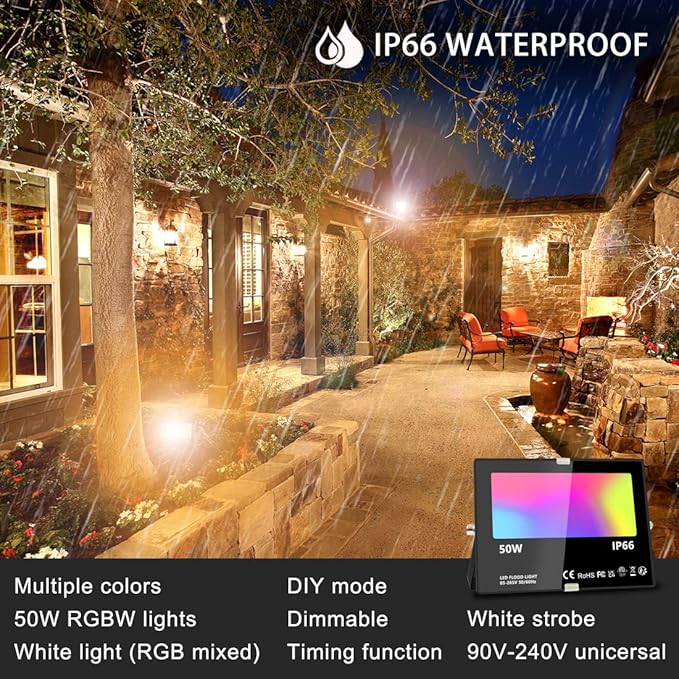 MELPO Led Flood Light 500W Equivalent, RGBW Led Outdoor Lights Colored Floodlight with Remote,50W,5000ML 2700K,120 Colors, Timing, Dimmable, Custom Modes, Landscape Lighting (4 Pack) MELPO