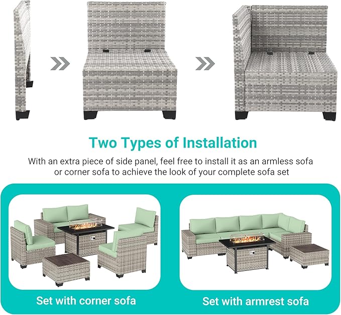 13-Piece Outdoor Patio Furniture Set with Rocking Swivel Chair, PE Wicker Rattan Sectional Sofa Patio Conversation Set with 55,000 BTU Fire Pit Table & Coffee Table, Light Green MuphyersPatioFurniture