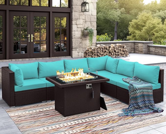 NICESOUL 7 Piece Outdoor Furniture Set with Firepit Natural Gas & Propane, Plus Size Big Modern Patio Conversation Couch, 29.3 High Back Comfy Sectional Sitting Group, Brown Rattan and Teal Cushoin NICESOUL