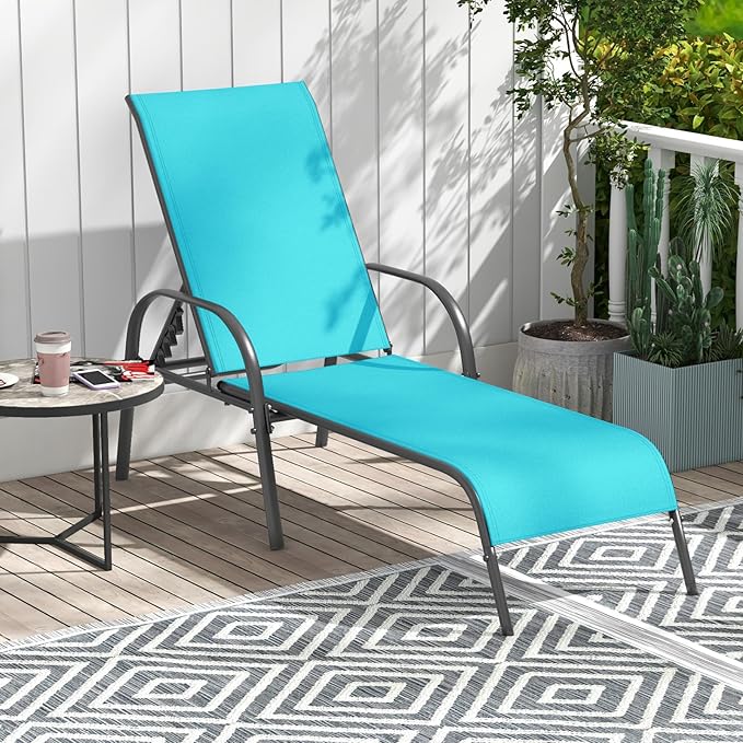 Giantex 2 Pack Patio Lounge Chair, Outdoor Chaise Lounge with 5 Adjustable Backrest, Sturdy Steel Frame, Sunbathing Recliner, Tanning Chair for Beach, Outside, Yard, Balcony, Pool Chairs (2,Turquoise) Giantex