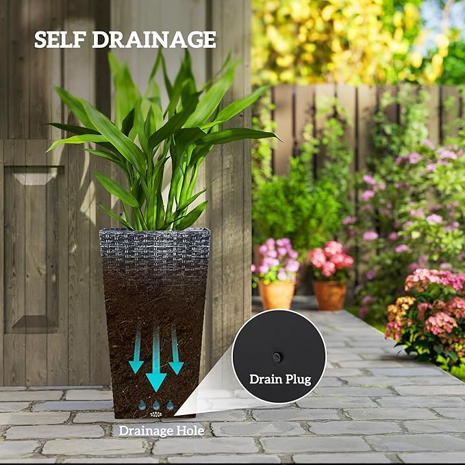 Outsunny Tall Planters for Outdoor Plants Set of 3, 24 in Taper Planters with Drainage Holes, Rattan Decor Plant Pots for Indoor Outdoor Front Porch Patio Backyard, Gray Outsunny