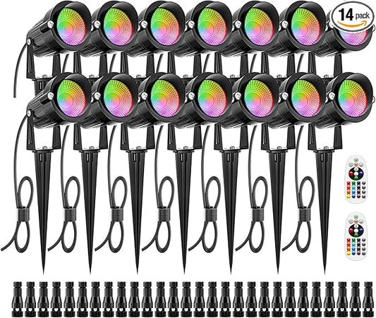 ZUCKEO 12W RGB Low Voltage Landscape Lighting Remote Control Color Changing Landscape Lights, Waterproof LED Outdoor Spotlight for Garden Pathway House Christmas Decor, 14 Pack with Connector ZUCKEO