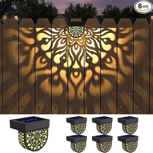 6 Pack Solar Fence Lights Outdoor Wall Lights Plastic Solar Powered Deck Step Stair Lights Mandala Theme Waterproof Fence Solar Light for Garden Post Patio Yard Decor, Gardening Gifts for Women Mom EKQ