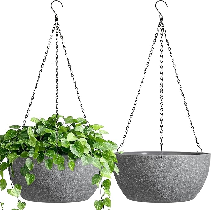 T4U Hanging Planters for Indoor Outdoor Plants 2 Pack - 12 Inch Grey Hanging Plant Basket with Drainage Hole, Round Hanging Flower Plant Pot for Garden Home Decor(Grey) T4U