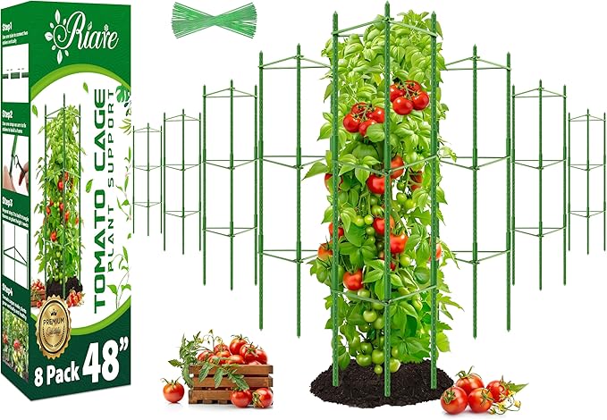 Riare 8 Pack 4 FT Tomato Cages for Garden- 48inches Heavy Duty Garden Stakes, Adjustable Tall Tomato Plant Support Tomato Trellis Cage for Pots, Raised Garden Bed, Climbing Vegetables Plants Flowers Riare