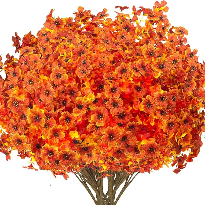16 Bundles Artificial Fall Flowers for Outdoors Fake Plants UV Resistant Plastic Plants Shrubs Bushes for Home Fall Front Door Porch Garden Autumn Decor (Fall Orange) Grunyia