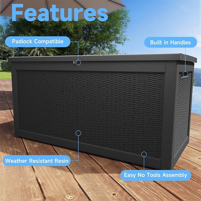 310 Gallon Lockable Outdoor Storage Box – Waterproof Resin Deck Box for Patio Furniture, Garden Tools, Pool Accessories (Black) Rootora