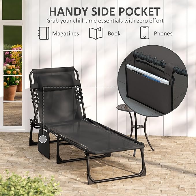 Outsunny Chaise Lounge Chair Outdoor, 5-Position Adjustable Sun Tanning Chair with Carrying Handle and Side Pocket, Folding Bed Cot with Removable Pillow for Garden, Beach, Patio, Pool, Camp, Black Outsunny