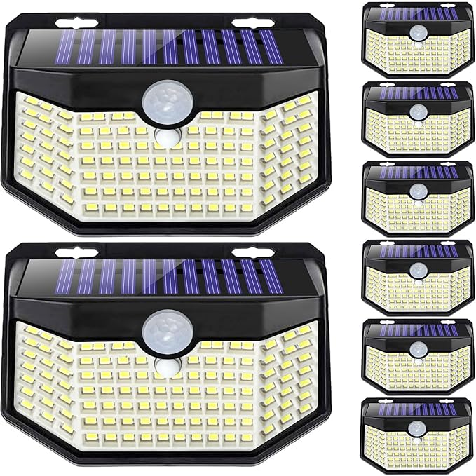 HMCITY 120 LED Outdoor Solar Lights with Motion Sensor and 3 Lighting Modes, IP65 Waterproof Wide Solar Wall Lights Ideal for Garden Patio Yard (Front Button 8Packs, Black Shell-Daylight White) LightingUpYourLife