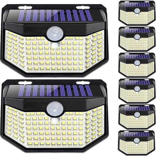 HMCITY 120 LED Outdoor Solar Lights with Motion Sensor and 3 Lighting Modes, IP65 Waterproof Wide Solar Wall Lights Ideal for Garden Patio Yard (Front Button 8Packs, Black Shell-Daylight White) LightingUpYourLife
