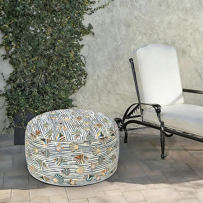 LVTXIII Indoor/Outdoor Extra Large Inflatable Ottoman Pouf D31 x H14 Inch, Round Footstool with Handle, Weather-Resistant Portable Furniture for Patio, Camping, Beach, Cabana Shells LVTXIII