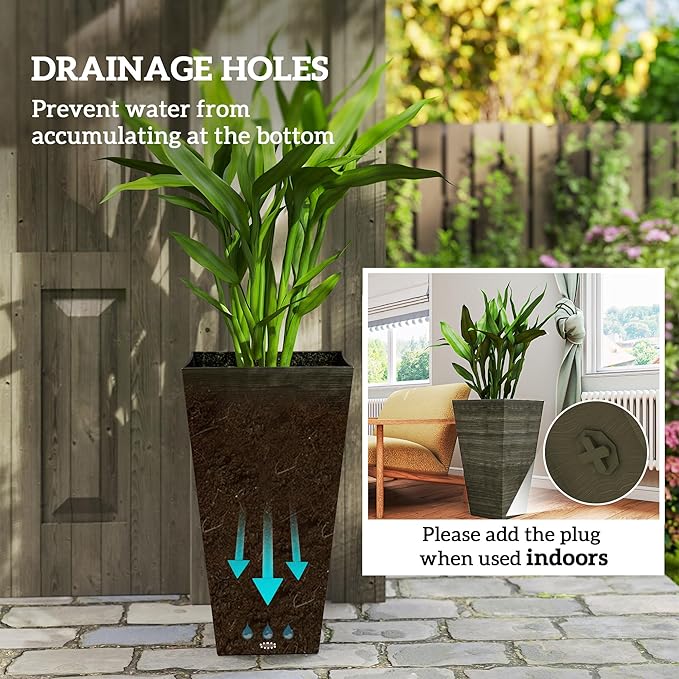 Outsunny Tall Planter for Outdoor Plants Set of 3, 28 Inch Taper Planter with Drainage Holes, Wood Grain Decor Garden Pot for Indoor Outdoor Porch Patio Backyard, Dark Brown Outsunny