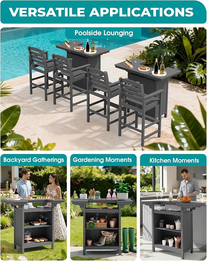 SERWALL Outdoor Bar Table Set (1 Table with 2 Chairs) – HDPE Grey Patio Bar Cabinet with 4-Tier Storage & Spacious Tabletop, Perfect for Outdoor, Poolside, Backyard SERWALL