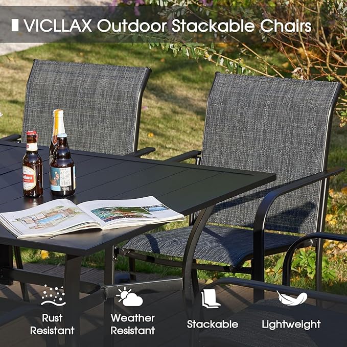 VICLLAX Patio Table and Chair Set of 6, All Weather Metal Round Outdoor Dining Furniture Set-50 Round Outdoor Table and Chairs, Black Tabletop HOME