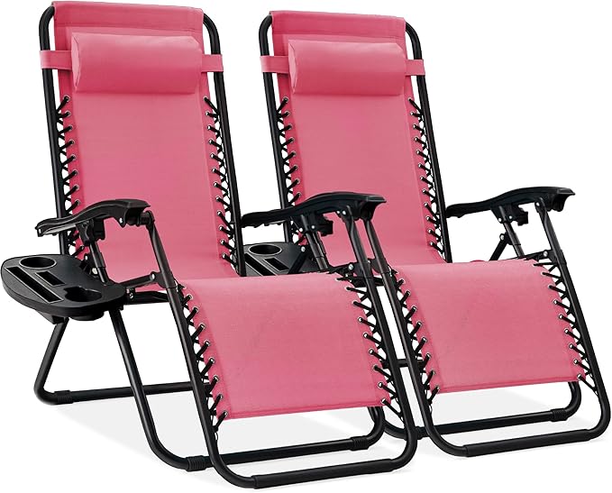 Best Choice Products Set of 2 Adjustable Steel Mesh Zero Gravity Lounge Chair Recliners w/Pillows and Cup Holder Trays - Pink BestChoiceProducts