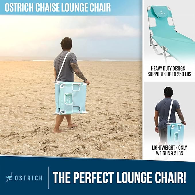 Ostrich 72 by 22 Inch Versatile Chaise Lounge Portable Reclining Lounger, Outdoor Patio, Beach, Lawn, Camping, or Pool Tanning Chair, Aqua OstrichProducts