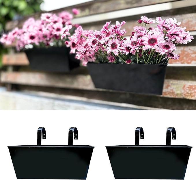 LaLaGreen Railing Hanging Planters (2 Pack, 16 Inch) Large Black Metal Strawberry Flower Pots Outdoor Countryside Modern Rectangle Succulent Planter with Drainage Holes Hanger Balcony Deck Fence Porch L%C3%A1L%C3%A1Green