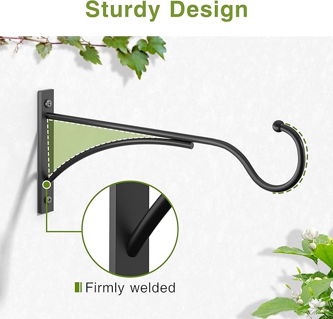 11 Inch 2 Pack Heavy Duty Plant Hangers Outdoor, Metal Plant Brackets for Hanging Baskets, Plant Wall Hooks for Bird Feeders, Wind Chimes & Lanterns, Premium Metal Hooks Matte Black, 30lbs Capacity saffruff