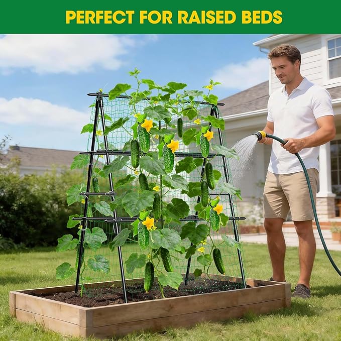 Cucumber Trellis, 31''X47'' A-Frame Cucumber Trellis for Raised Bed with Climbing Net, Metal Garden Trellis for Climbing Plants for Cucumber,Tomato, Grapes and Flowers MQHUAYU