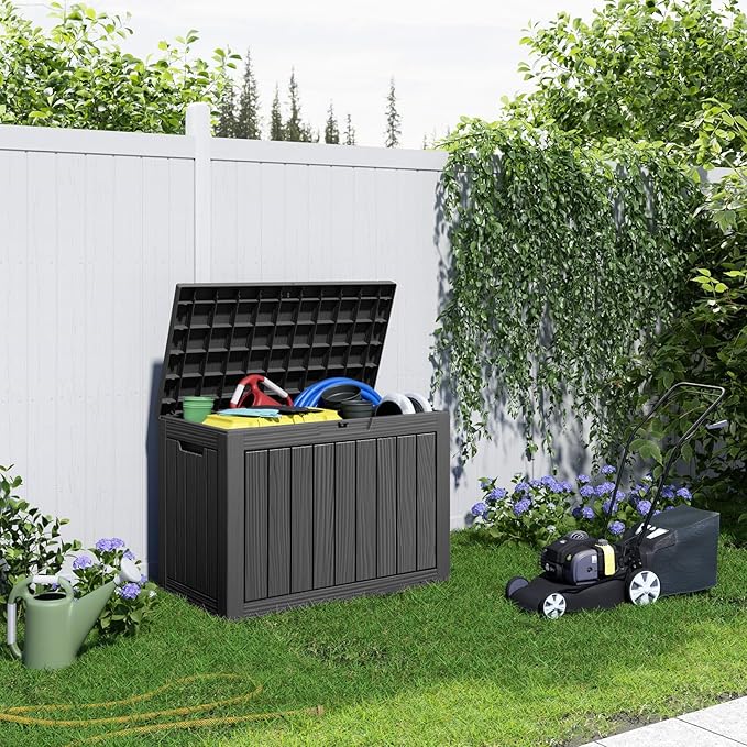 46 Gallon Outdoor Deck Box, Lockable Waterproof Outdoor Storage Boxes For Garden Tools,Indoor Cushions,Accessories Outside Storage Resin Weatherproof Container(Black) MAIUSCOLI
