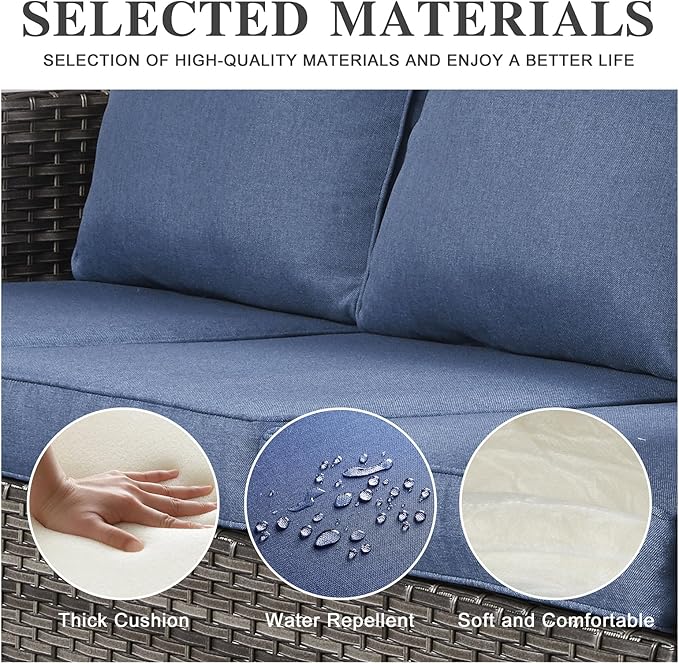 Belord 6 Piece Outdoor Furniture Patio Wicker Sofa Set, Oversize Outdoor Swivel Rocker Chairs with Rattan Ottomans, Conversation Sets Patio Furniture Come with Removable Washable Cushion Blue Belord