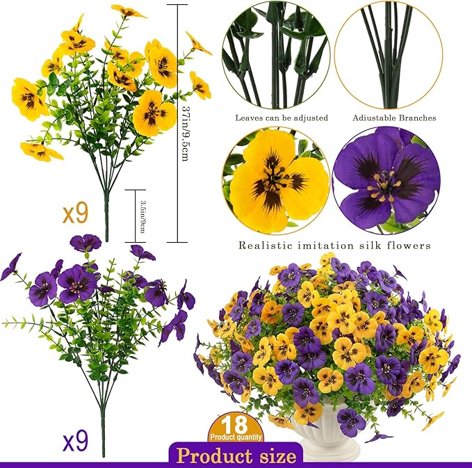 18 Pcs Artificial Fake Pansy Flowers for Outdoor, Faux UV Resistant Silk Pansies Flowers for Outside Planter Front Door Porch Yard Patio Window Box Home Decor (18, Yellow,Purple) RowfadFlora