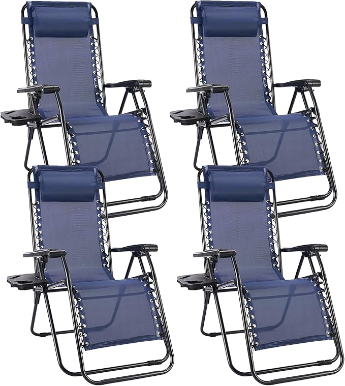Sweetcrispy Zero Gravity Chairs, Set of 4 Portable Recliner Beach Camping Patio Outdoor Folding Lounge Chair with Cup Holder Trays and Adjustable Pillow for Poolside, Garden, Backyard, Lawn (Blue) Sweetcrispy