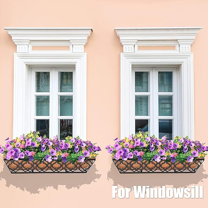 4pcs 24 Inch Window Deck with Coco Liner, 24" Window Boxes Horse Trough with Coconut Coir Liner, Metal Hanging Flower Planter Window Basket Deck Railing Planter Boxes for Outdoor Indoor Lawn LAWYAMAI
