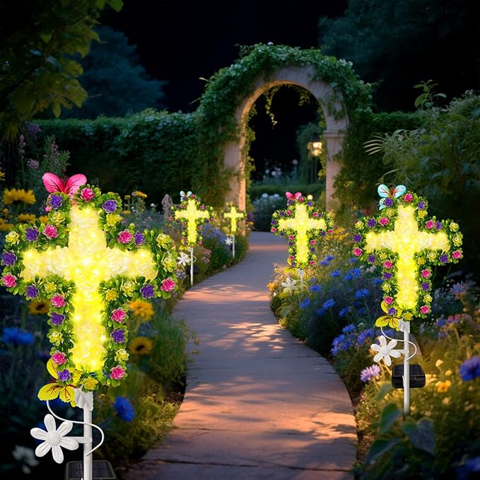 2 Pack Solar Flower Cross for Cemetery Grave, Grave Decorations for Cemetery Solar Crosses, Sympathy Memorial Gifts, for Garden Lawn Yard Patio Decor YJFWAL