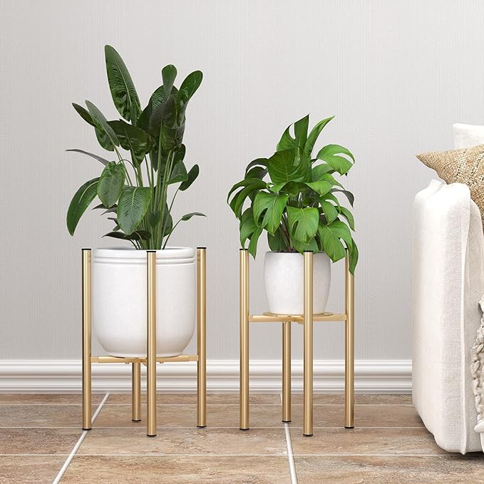 Plant Stand Indoor for 2 Height Options ,Mid Century Modern Outdoor Planter Holder,Corner plant stand Capacity of 160LB for 8 to 14 Inch Pots Golden with Round Plate 2 Pack HomecourtyardsInterio