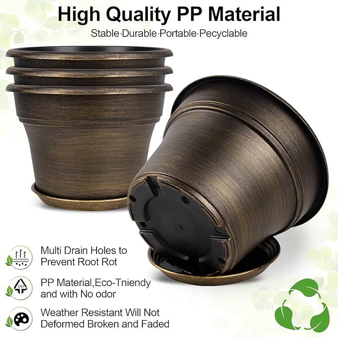 Plant Planters Pots Set of 6 Pack 6 Inch, Plastic Flower Pot For Indoor Plants With Drainage Holes & Trays, Resin Decorative Container Sets With Saucer For House Outdoor Garden Planters Dark Gold Fodetyff
