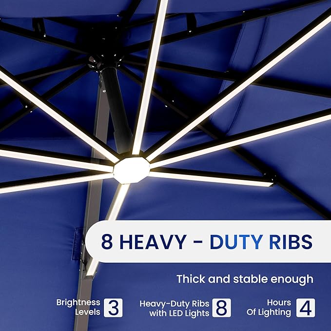10 X 13 FT Cantilever Patio Umbrella with Led Lights and Base Included Outdoor Heavy Duty Double Top Rectangle Offset Umbrellas with 360-degree Rotation for Pool Deck Backyard, Navy Ombrellon