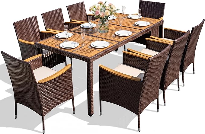 Devoko Outdoor Patio Dining Sets 9 Pieces Wicker Outdoor Dining Table and Chairs Set with Acacia Wood Table Top and Widened Armrests for Backyard, Garden, Deck (Brown) DEVOKO