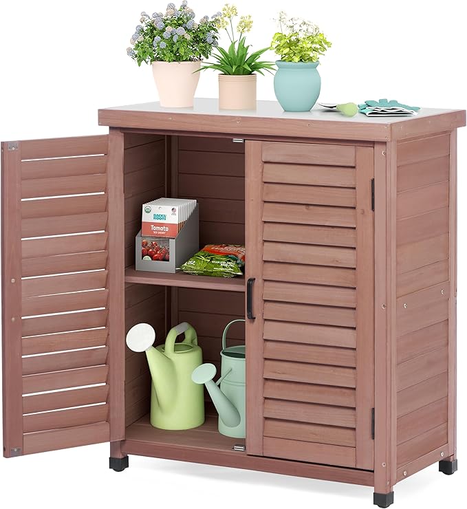 Outdoor Storage Cabinet & Potting Bench Table with Metal Top, Wooden Patio Furniture, Garden Workstation (Dark Brown, 36x31x17in) OutdoorFurniture