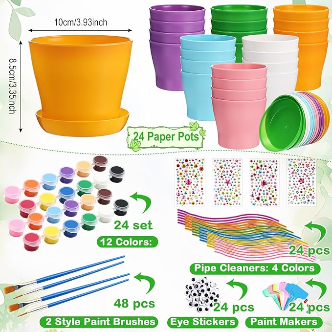 24 Set Garden Plastic Paintable Flower Pot Craft Kit 4" Starter Pots DIY Painting Party Supplies with Acrylic Paint Strips Gardening Kit for Planting Crafts Birthday Easter Spring Gift Rootora
