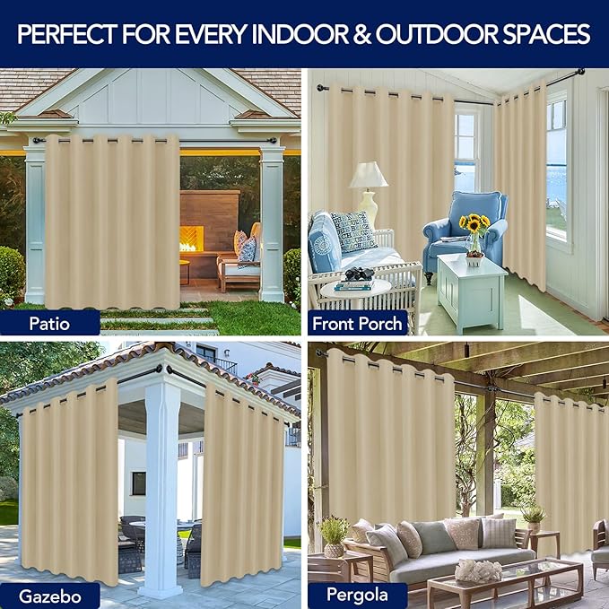 PureFit Outdoor Curtains for Patio Waterproof Weatherproof, UV and Fade Resistant Outside Curtains for Gazebo, Front Porch, Pergola, Sun Blocking Privacy Curtain, 100W x 95L inch, 1 Panel, Beige PureFit