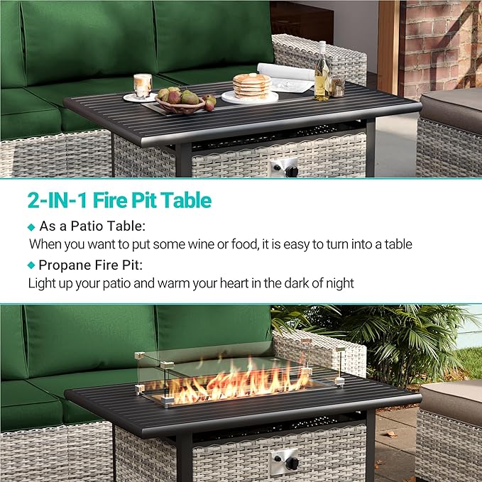 13-Piece Outdoor Patio Furniture Set with 55,000 BTU Fire Pit Table, PE Wicker Rattan Sectional Sofa Patio Conversation Set with Coffee Table, Green MuphyersPatioFurniture