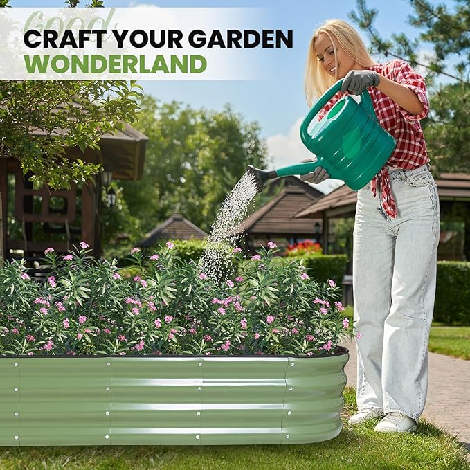 G GOOD GAIN Raised Garden Beds - 8x2x1ft Galvanized Planter Boxes Kit with Protective Tape & Gloves & Tools | Oval Metal Outdoor Raised Bed for Gardening Vegetables, Fruits, Flowers, Herbs, Oliver GGOODGAIN