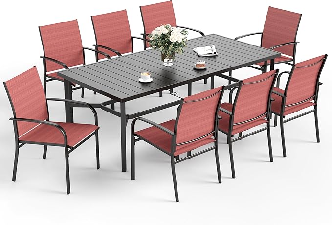Patio Dining Set 9 PCS, 8 Stable Outdoor Dining Chairs with Rectangular Dining Table, Patio Table and Chairs Set for Lawn,Garden,Deck and Backyard SUNSHINEVALLEY