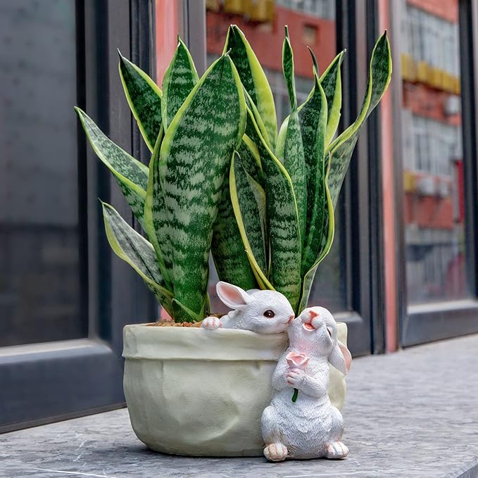 Rabbit Flower Pot Succulent Planter Garden Pots, Bunny Decorative Flower Pot,Animal Shaped Cartoon Planter Pots, Art Decorations for Mom Women （Flower with Drainage Hole） WONDHOME