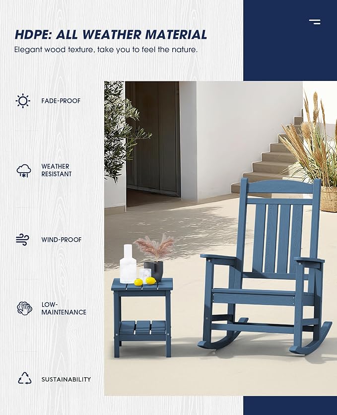 KINGYES Oversized Patio Rocking Chair Set of 2, High Density Polyethylene Outdoor Rocking Chairs with 330lbs Support for Adults, Navy KINGYES