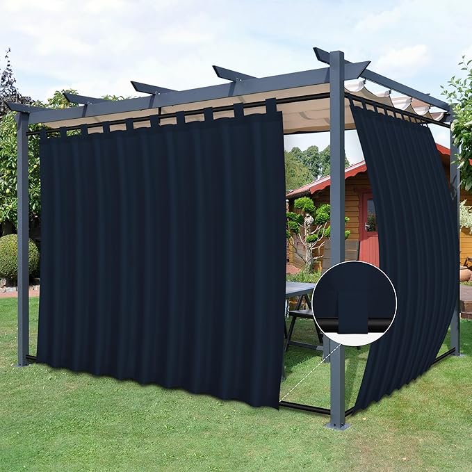 Easy-Going Outdoor Patio Curtains Detachable Tab Top Windproof Weatherproof Curtain for Cabana, Porch, Pergola and Gazebo, Tab Bottom Drape, 2 Panels, 110W x 96L inch, Navy Easy-Going