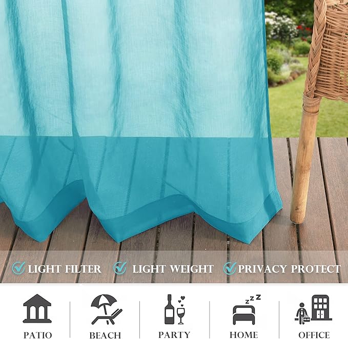 RYB HOME Waterproof Outdoor Curtains - Linen Like Translucent Breathable Sheer Curtains, Quick Dry Easy Slide Draperies for Backyard Patio Verandas, W 54" x L 84", 2 Pieces, Teal RYBHOME